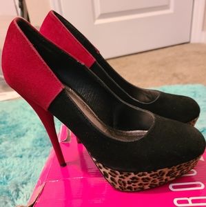 Red and Black heels with leopard print